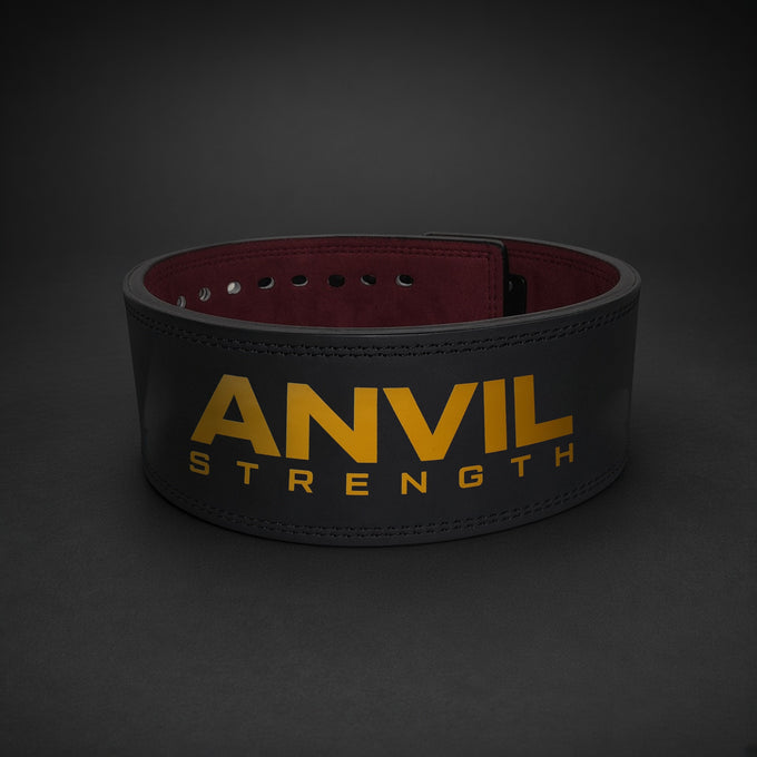 Anvil Lever Belt front view with gold ANVIL STRENGTH logo