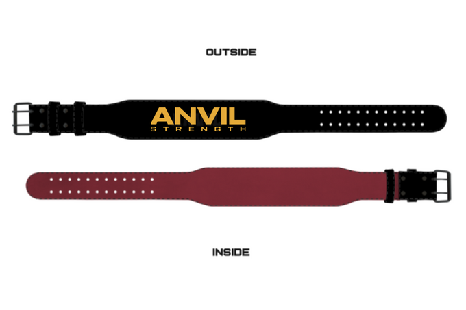 Black and red weightlifting belt with 'Anvil Strength' branding on a white background.