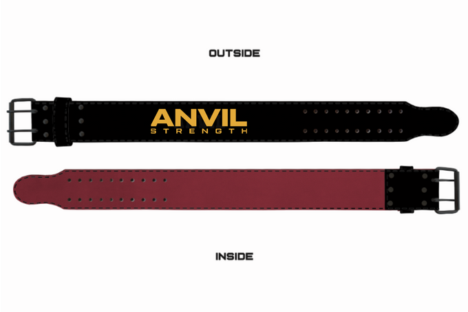 Black and red gym belt with 'Anvil Strength' branding on a white background.