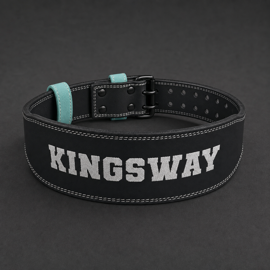 Black and aqua custom training belt with "KINGSWAY" text