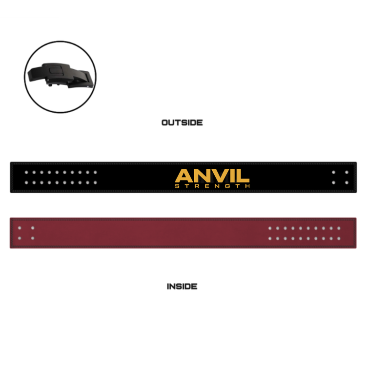 Anvil Strength belt with black and red design on a white background