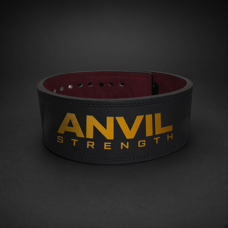 Anvil Lever Belt front view with gold ANVIL STRENGTH logo
