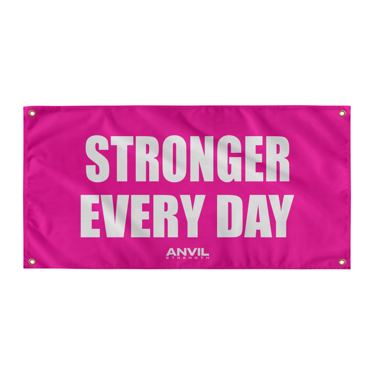 Pink banner with 'Stronger Every Day' text and Anvil logo on a white background