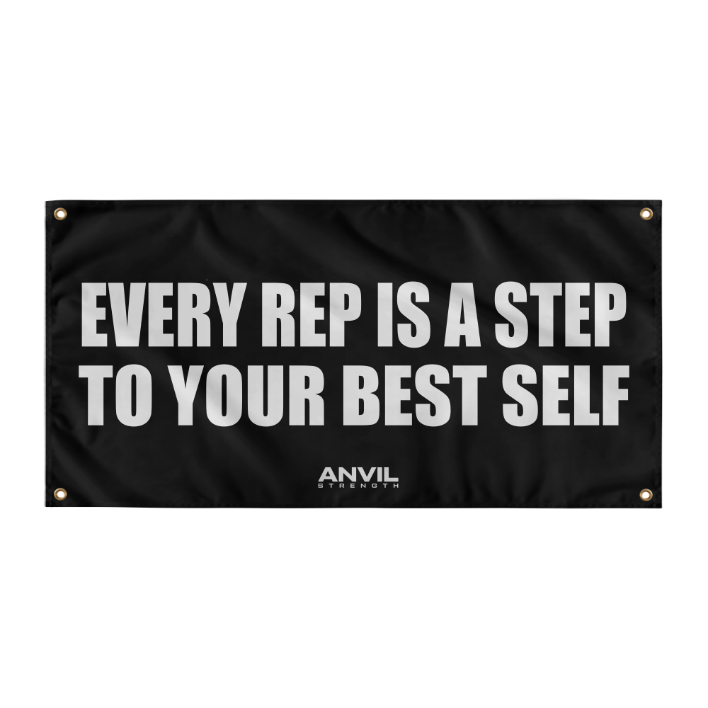 Black banner with motivational quote 'Every rep is a step to your best self' by Anvil on a white background
