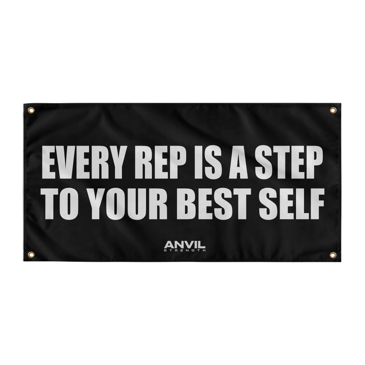 Black banner with motivational quote 'Every rep is a step to your best self' by Anvil on a white background