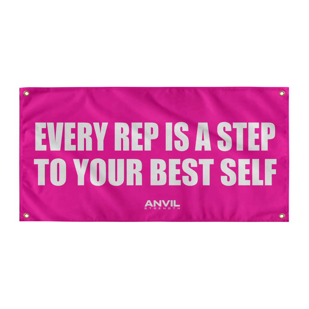 Pink banner with motivational text 'Every rep is a step to your best self' and 'Anvil' logo on a white background