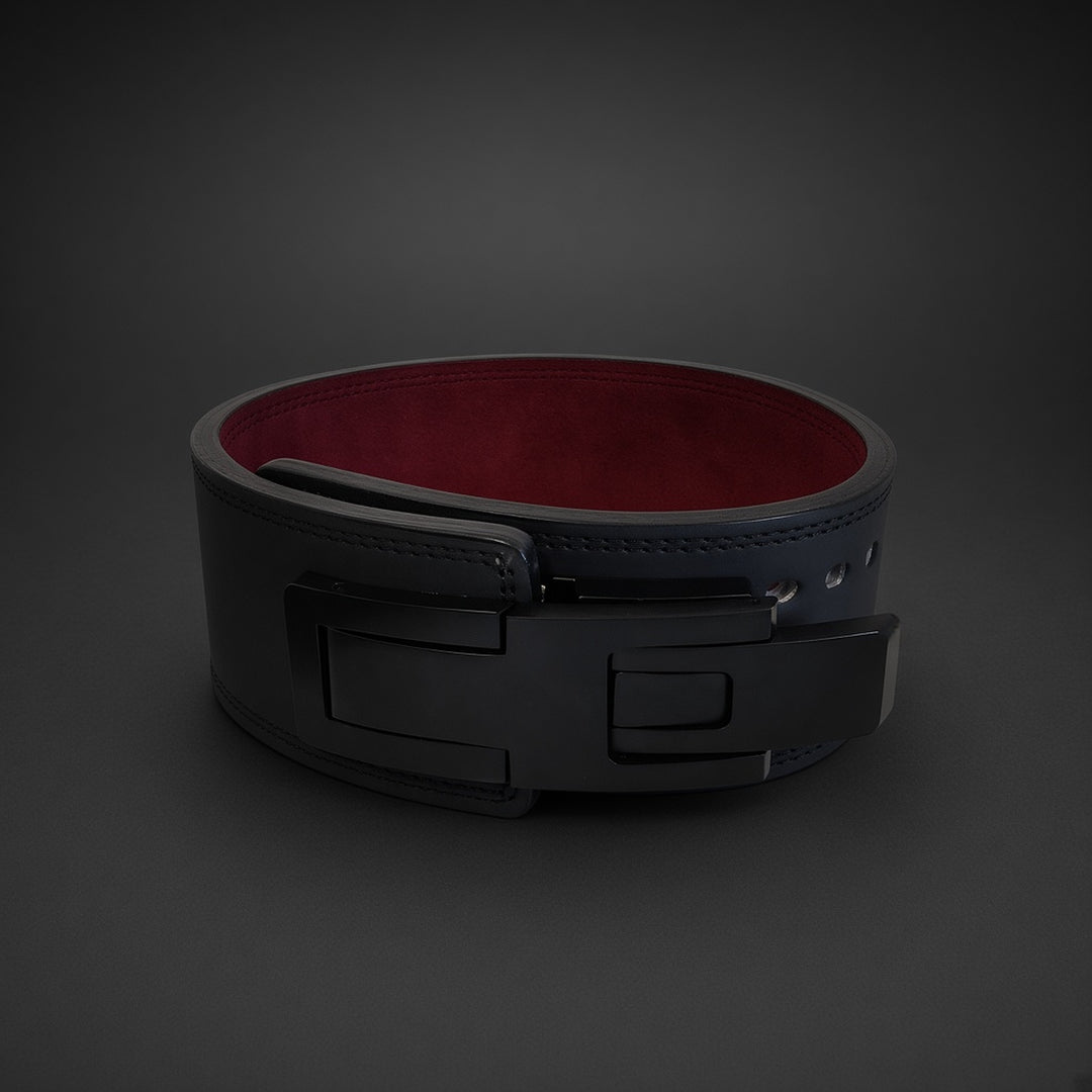 Anvil Lever Belt closed, black lever and maroon suede inside