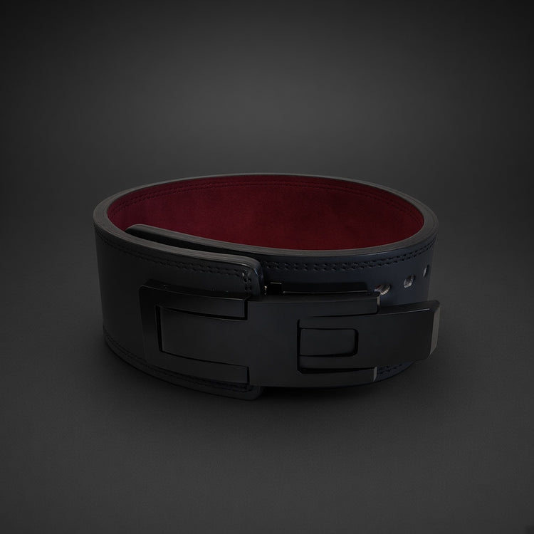 Anvil Lever Belt closed, black lever and maroon suede inside