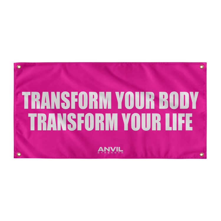 Pink banner with white text 'Transform Your Body Transform Your Life' and 'Anvil' logo on a white background