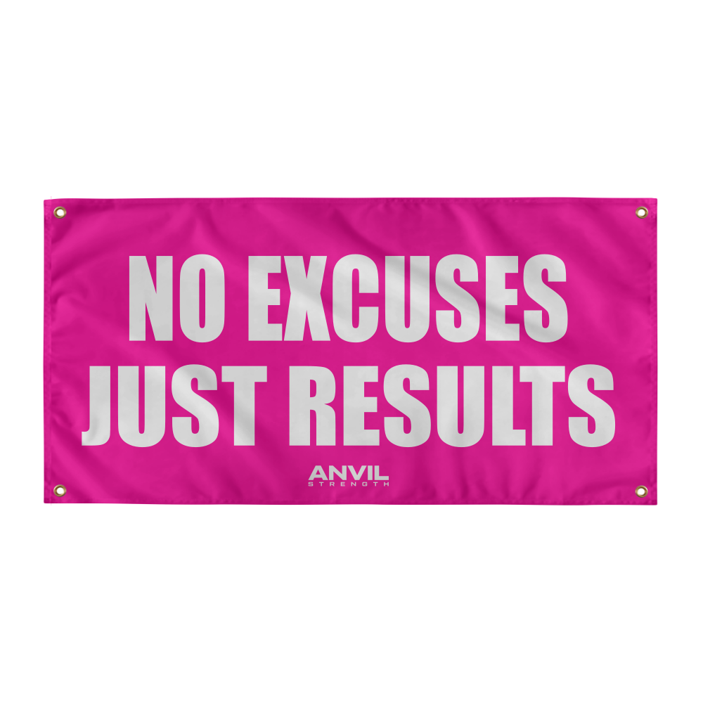 Pink banner with 'NO EXCUSES JUST RESULTS' text and Anvil logo on a white background