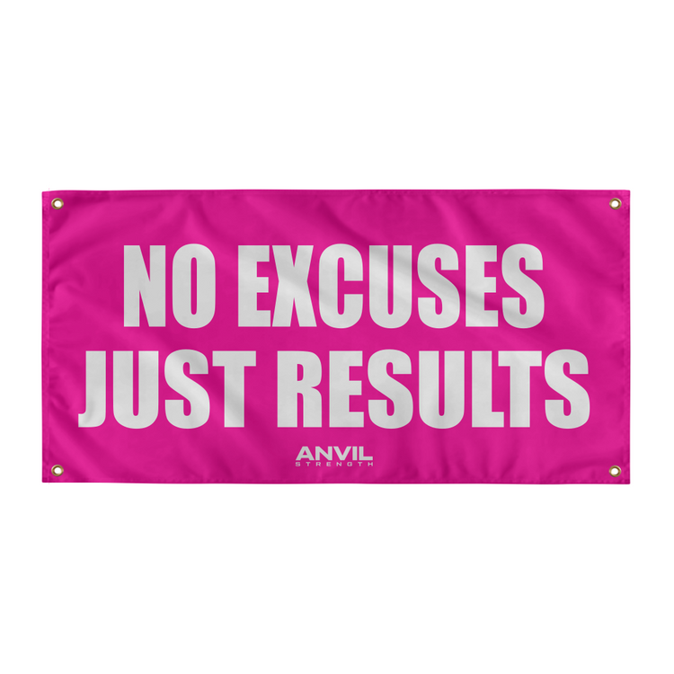 Pink banner with 'NO EXCUSES JUST RESULTS' text and Anvil logo on a white background