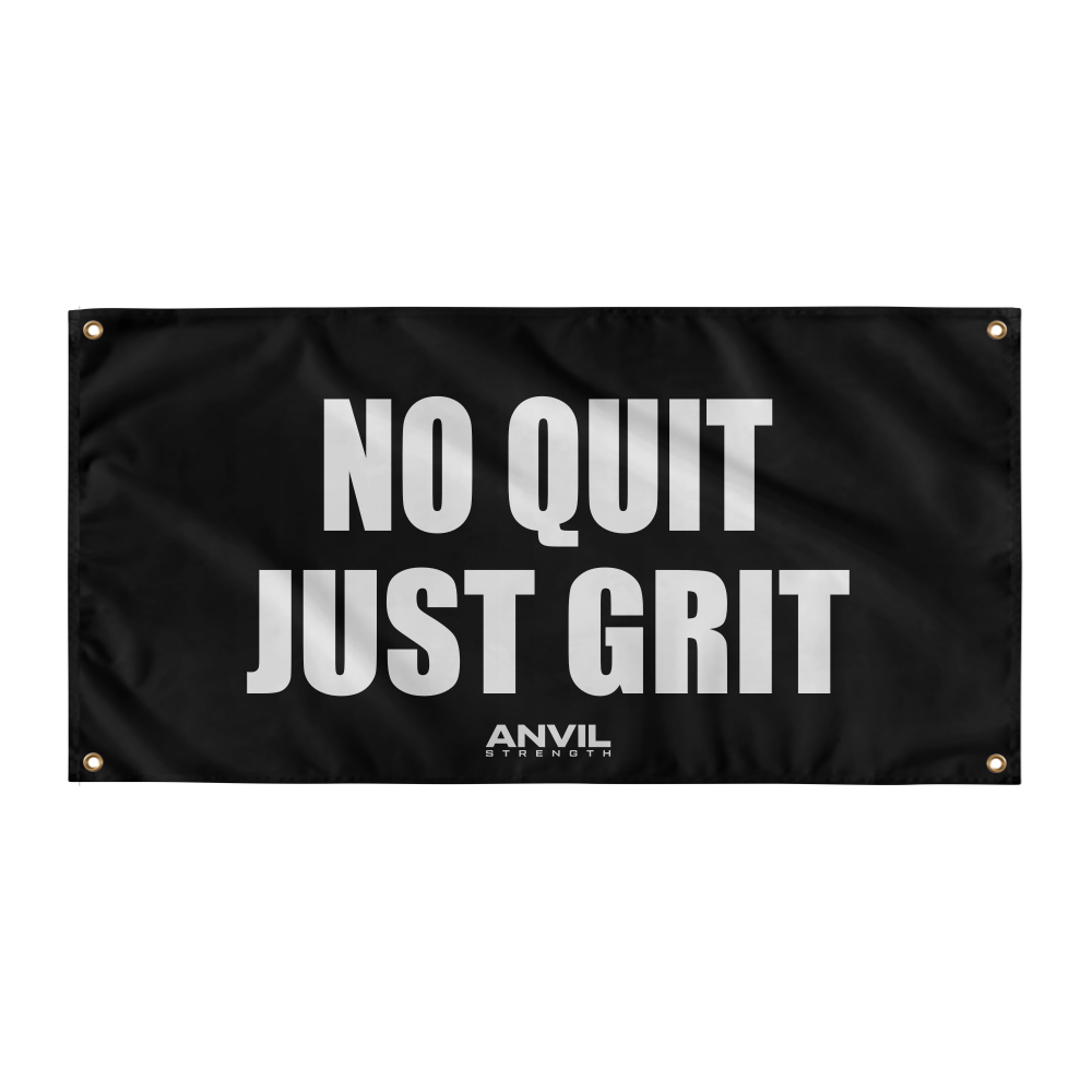 Black banner with 'NO QUIT JUST GRIT' text and Anvil logo on a white background