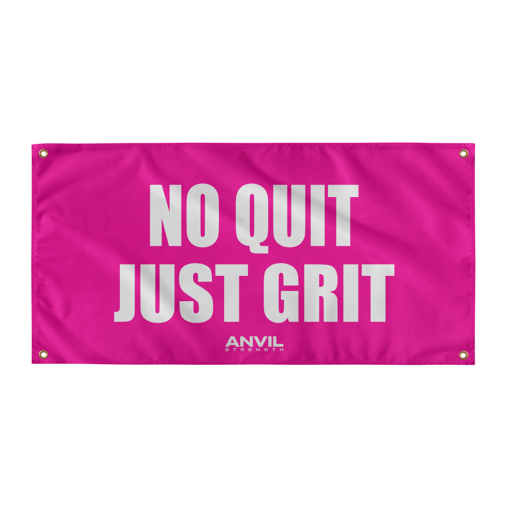 Pink banner with 'No Quit Just Grit' text and Anvil logo on a white background