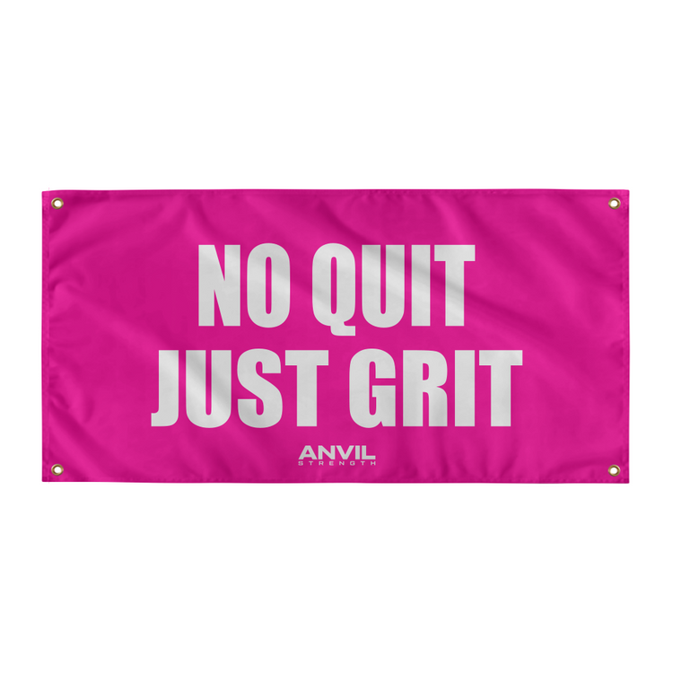 Pink banner with 'No Quit Just Grit' text and Anvil logo on a white background