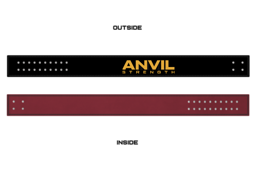 Anvil Strength Powerlifting belt with black and red design on a white background