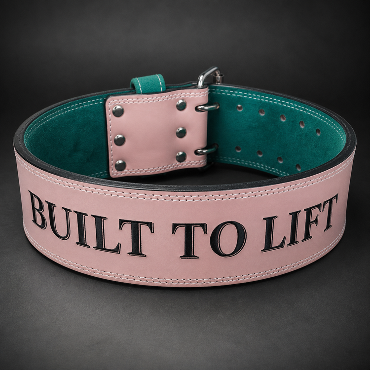 Pink and teal custom double-prong powerlifting belt with "BUILT TO LIFT" text