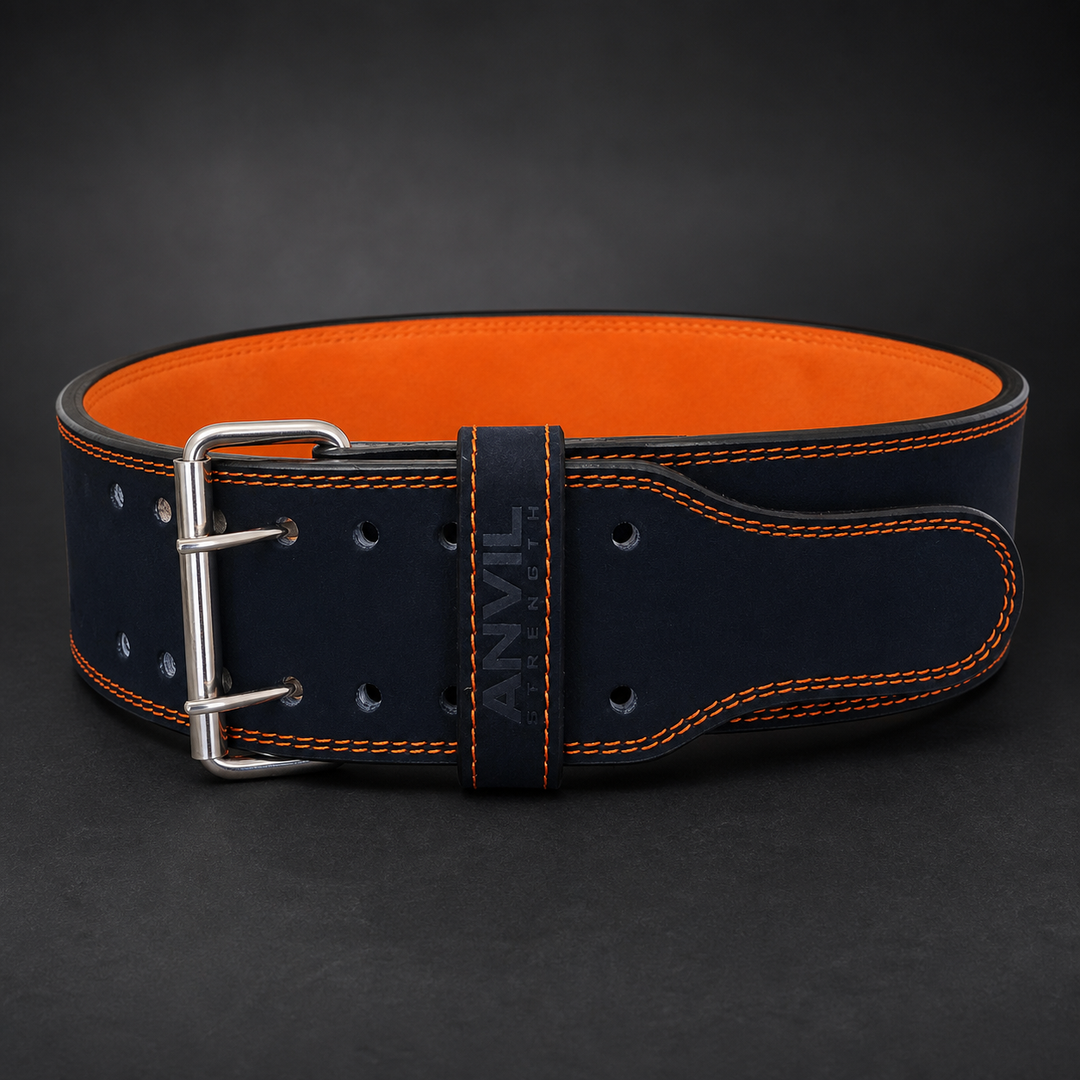 Navy and orange custom double-prong powerlifting belt with silver buckle