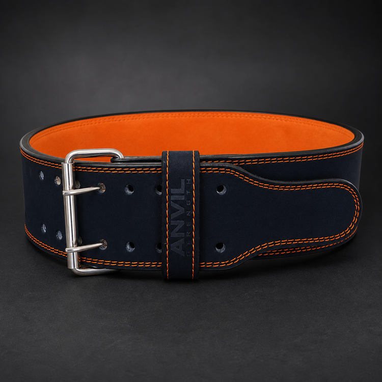 Navy and orange custom double-prong powerlifting belt with silver buckle