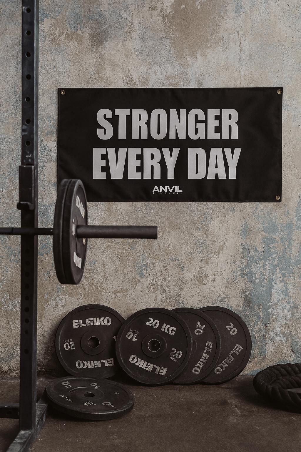 Gym setting with weightlifting equipment and 'Stronger Every Day' banner.