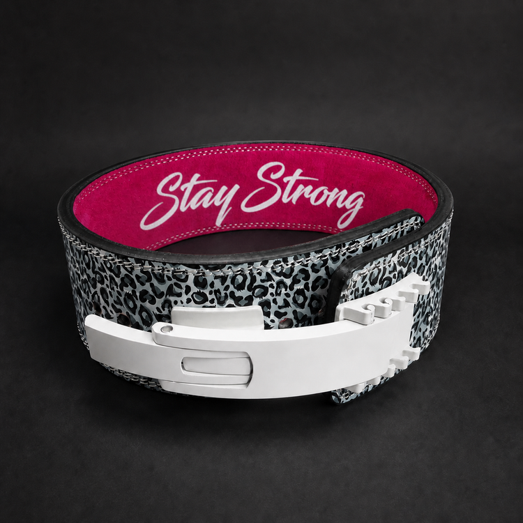 Leopard print and pink custom lever powerlifting belt with white lever and "Stay Strong" text