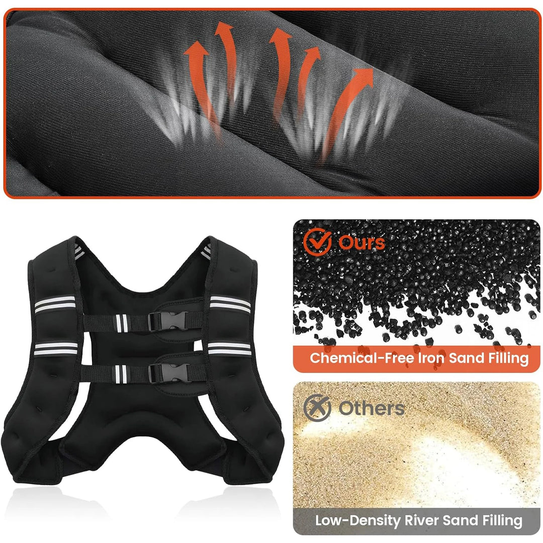 Black dog vest with reflective stripes, showing a close-up of a paw print on fabric, and images of sand filling materials.