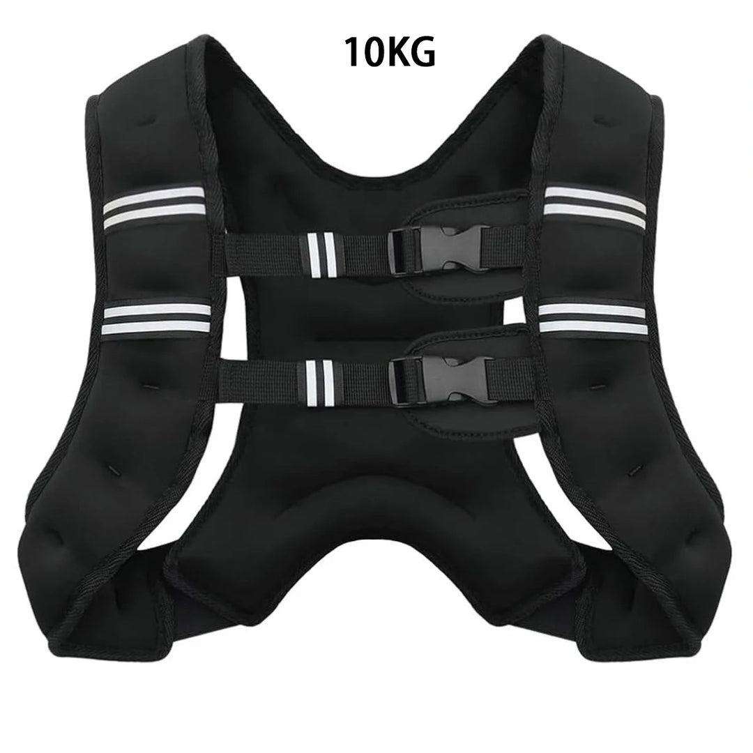 Black weight vest with reflective stripes and a 10KG label on a white background