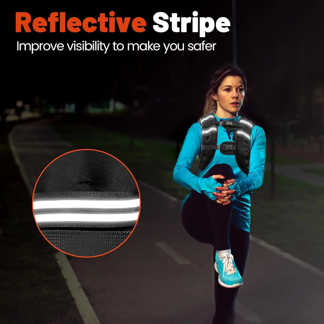 Person wearing a reflective safety vest on a dark road with text highlighting its visibility benefits.