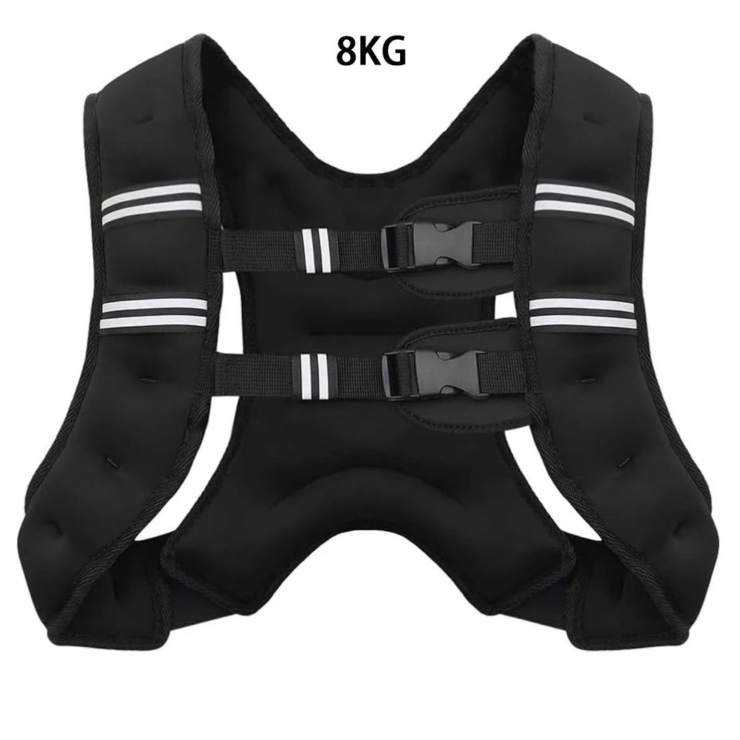 Black weight vest with reflective stripes and a 8KG label on a white background