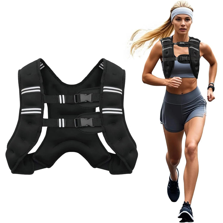 Black weighted vest with reflective stripes on a white background, next to a woman running.