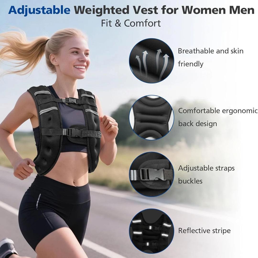 Woman wearing an adjustable weighted vest with features highlighted on a blurred outdoor background
