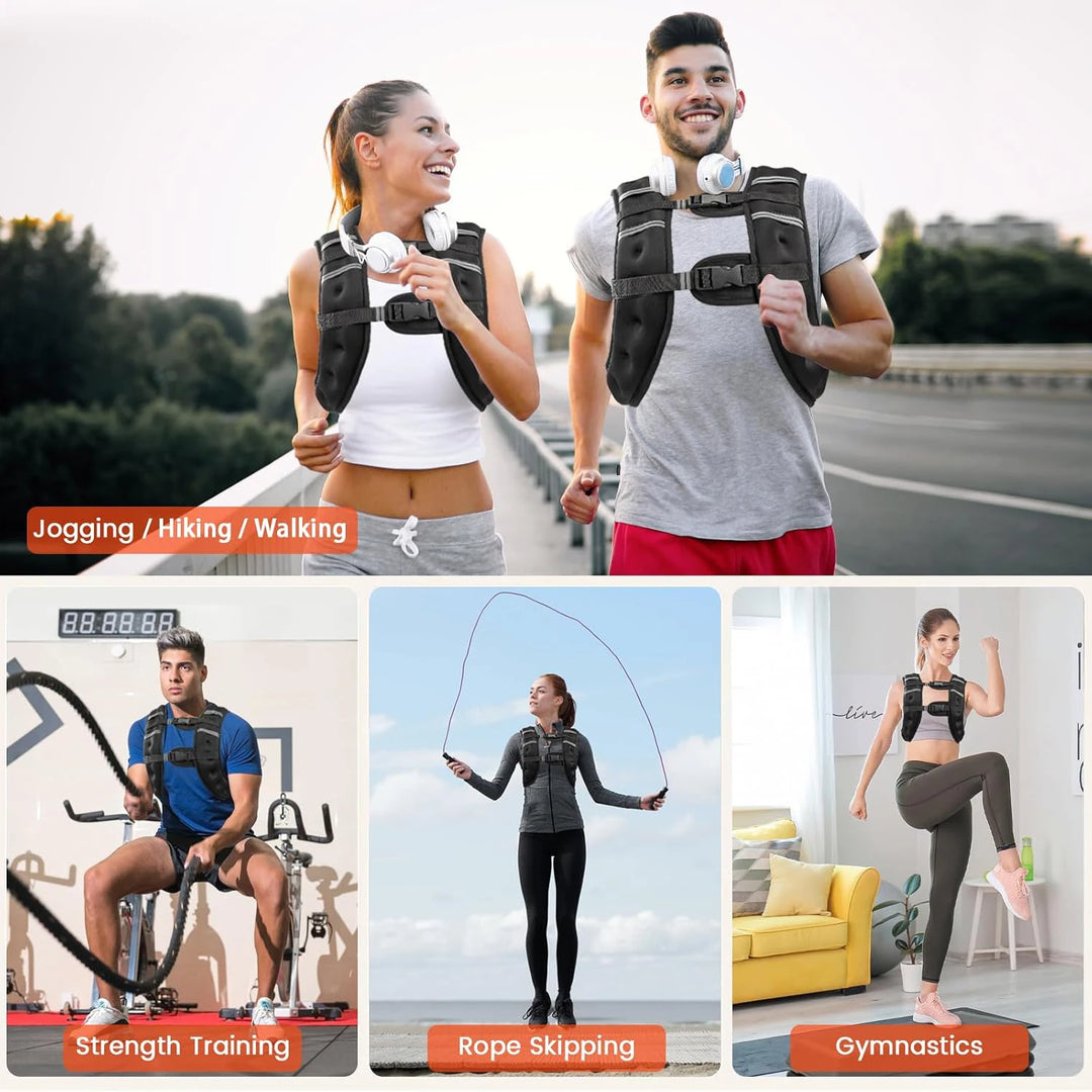 People using a weighted vest in various activities with text labels on a collage.