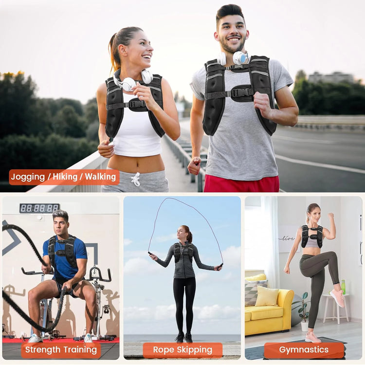 People using a weighted vest in various activities with text labels on a collage.