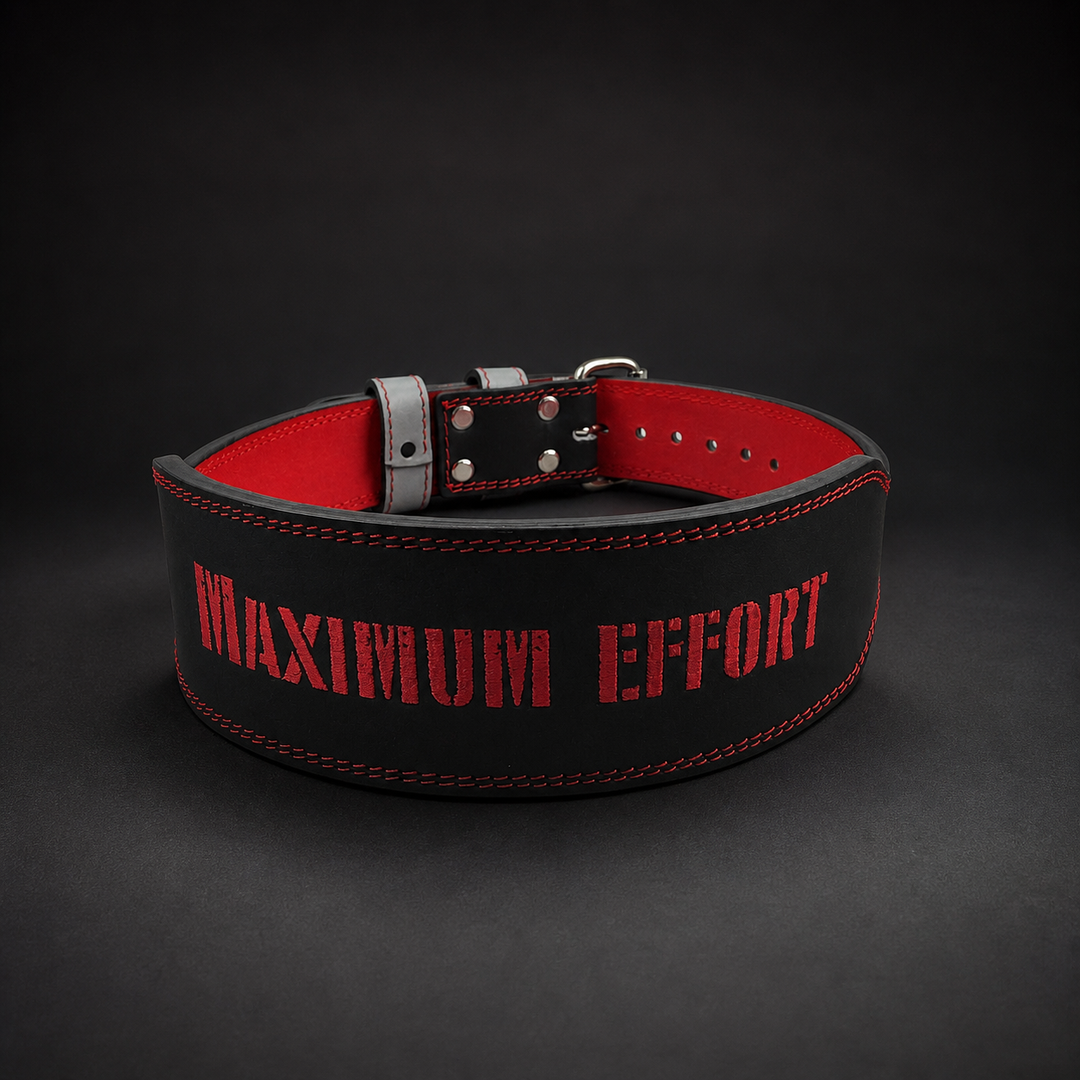 Black and red custom training belt with "MAXIMUM EFFORT" text
