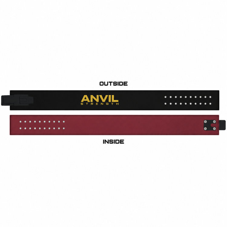 Anvil Lever Belt outside and inside views, with black leather, maroon suede, a black double-row lever and gold Anvil Strength logo.