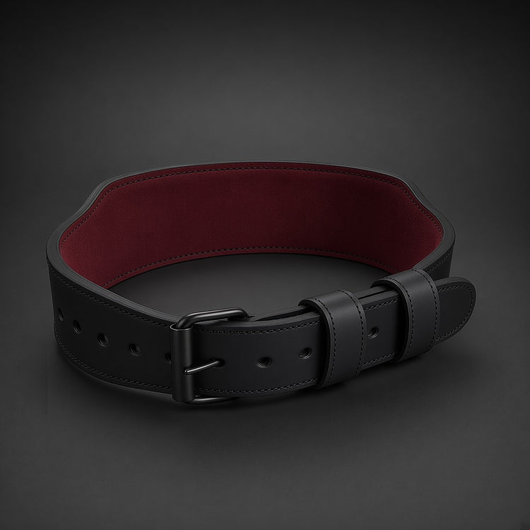 Anvil Strength training belt buckle side, black single-prong roller buckle with two black leather keepers