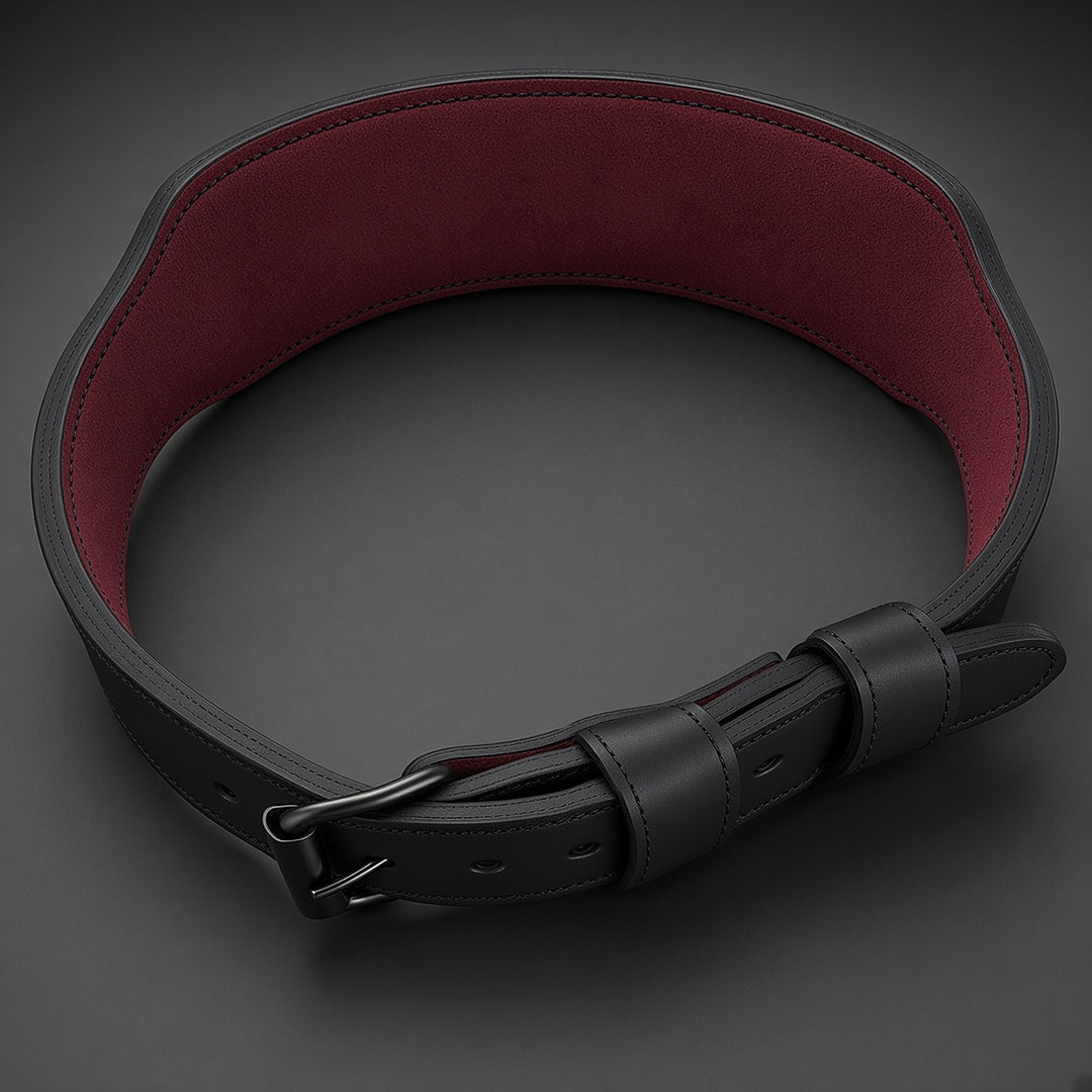 Inside of the Anvil Strength training belt showing the deep maroon suede lining and black stitching