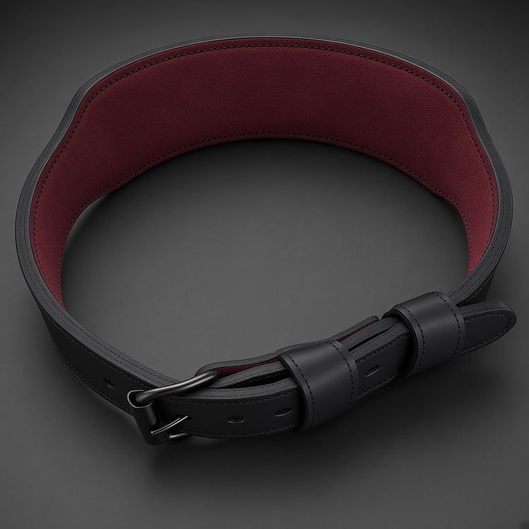 Inside of the Anvil Strength training belt showing the deep maroon suede lining and black stitching