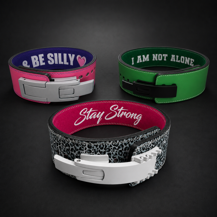 Three custom lever powerlifting belt design ideas in pink, leopard print and green