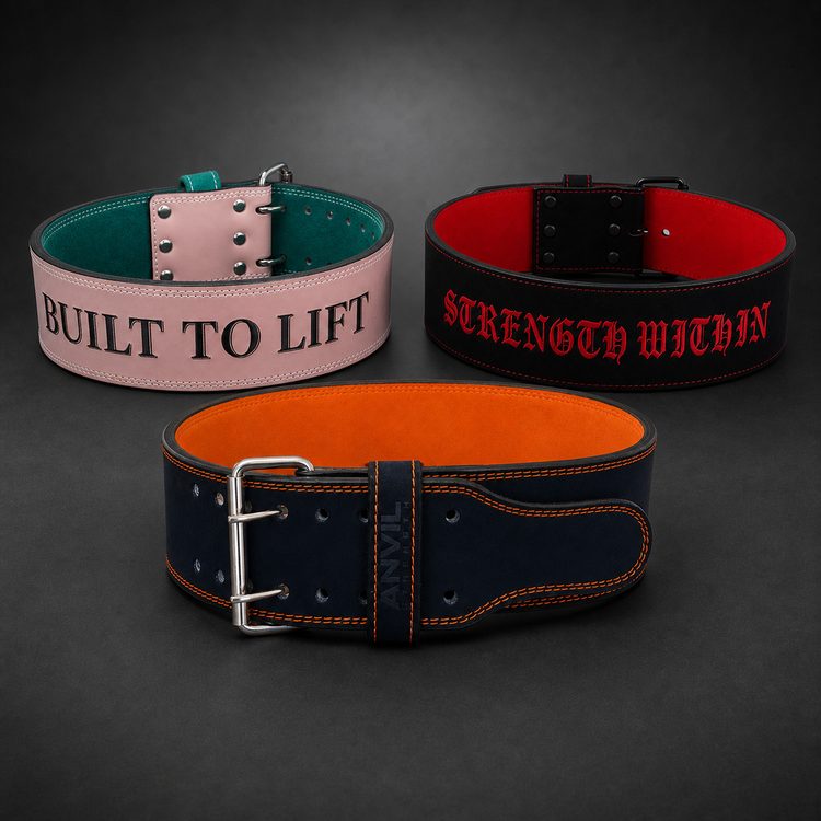 Three custom buckle powerlifting belt design ideas in pink, navy and black