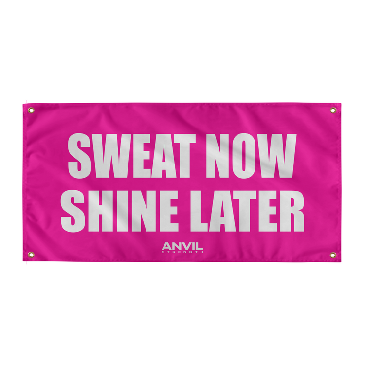 Pink banner with 'Sweat Now Shine Later' text and Anvil logo on a white background